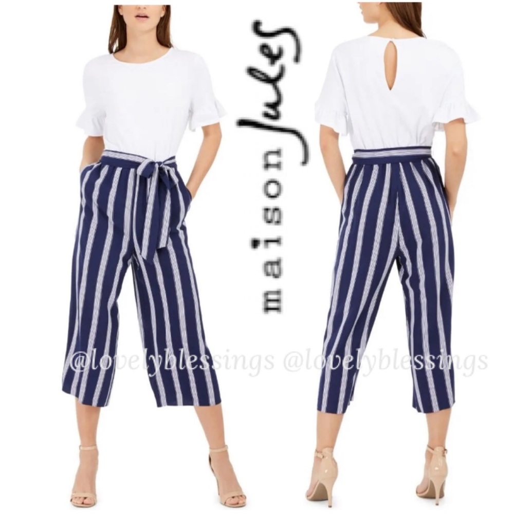Jumpsuit Wide Leg Scoop Neck Nautical Blue White Stripes Tie Waist Size Medium